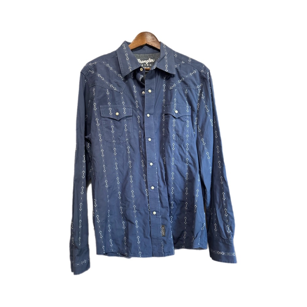 Wrangler Retro Premium Shirt Mens Large Blue Western Snap Geometric 112344560